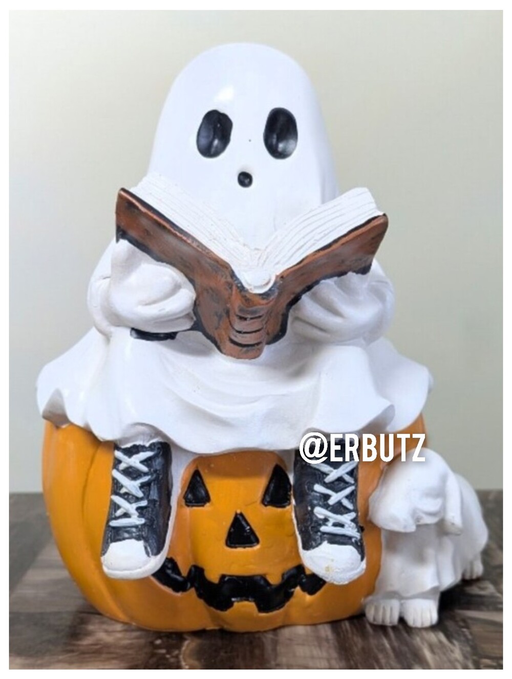 Spooky Cute Reading Ghost Figurine with Pumpkin and Ghost Dog Detail 👻📚